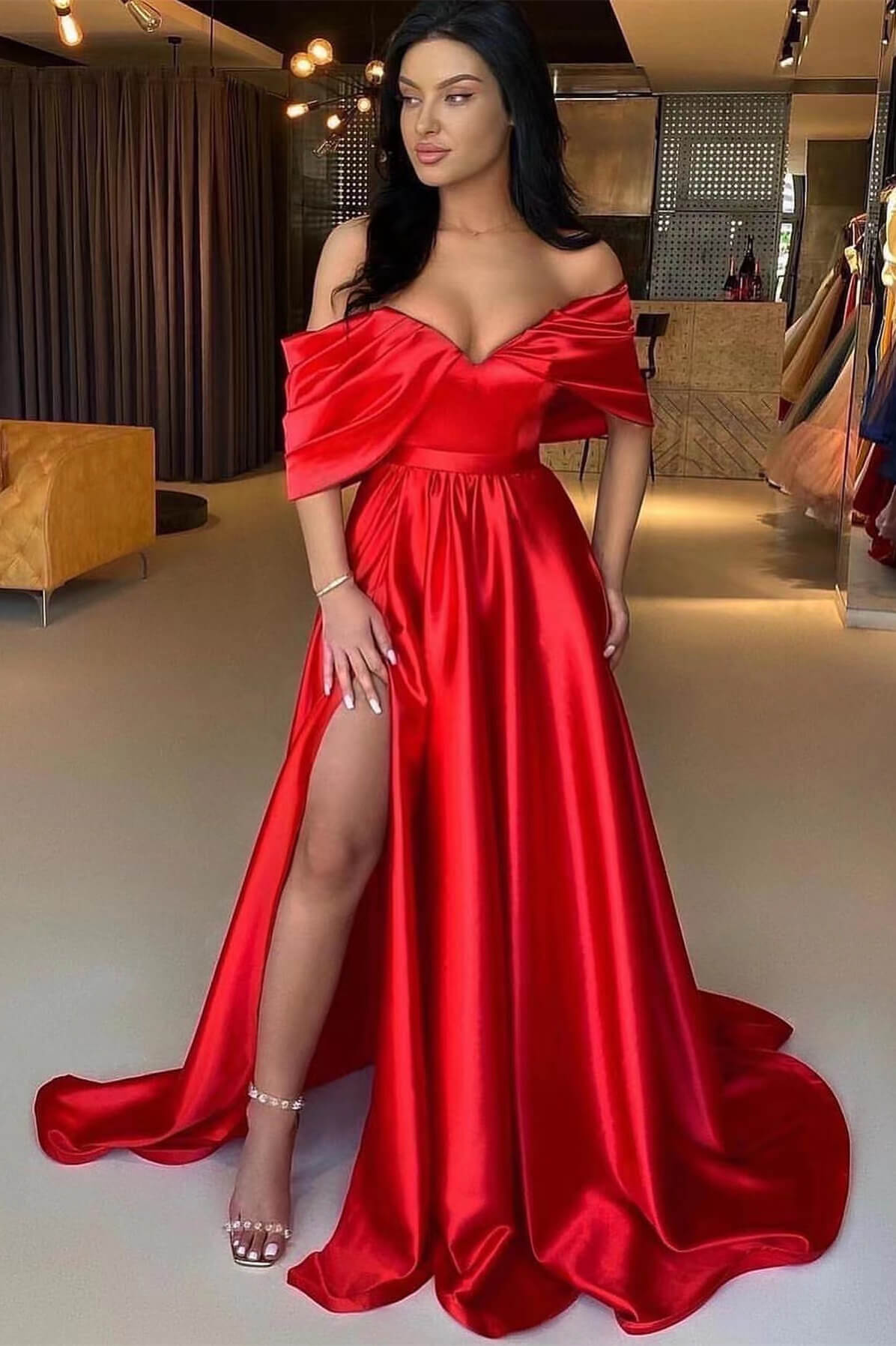 A Line Prom Dress Off the Shoulder Satin Evening Dress