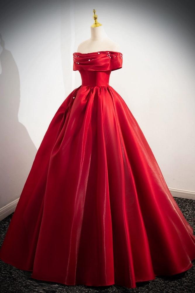A Line Prom Dress Off the Shoulder Satin Red Long Evening Dress