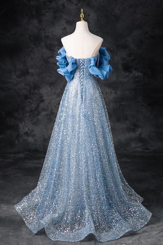 A Line Prom Dress Off the Shoulder Sequin Beaded Blue Long Evening Dress