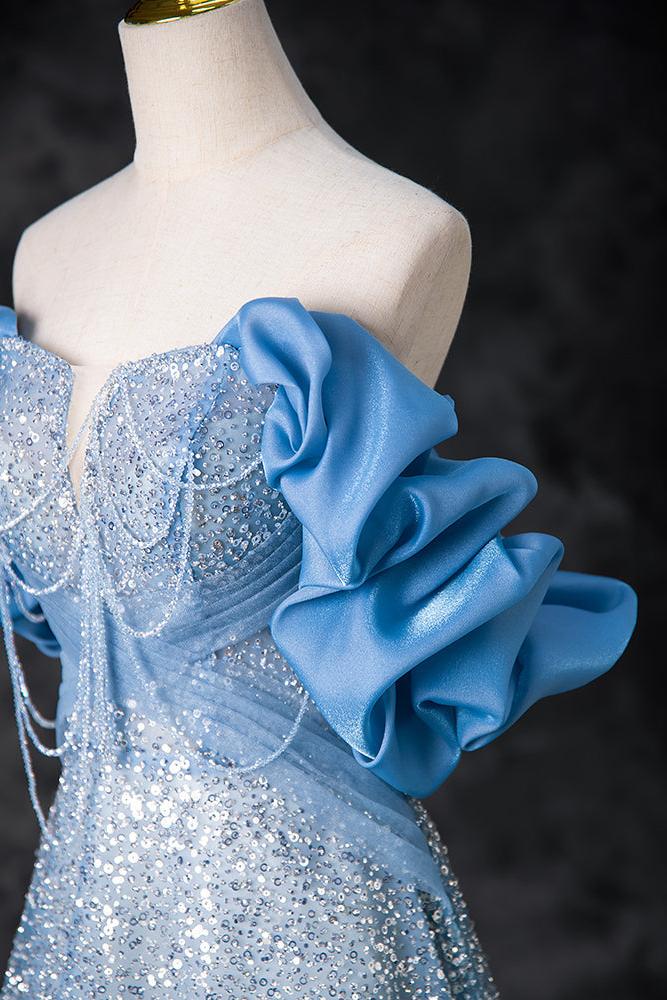 A Line Prom Dress Off the Shoulder Sequin Beaded Blue Long Evening Dress