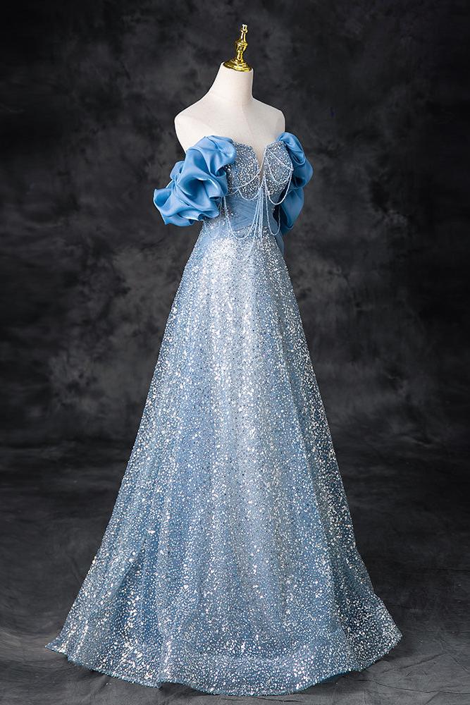 A Line Prom Dress Off the Shoulder Sequin Beaded Blue Long Evening Dress