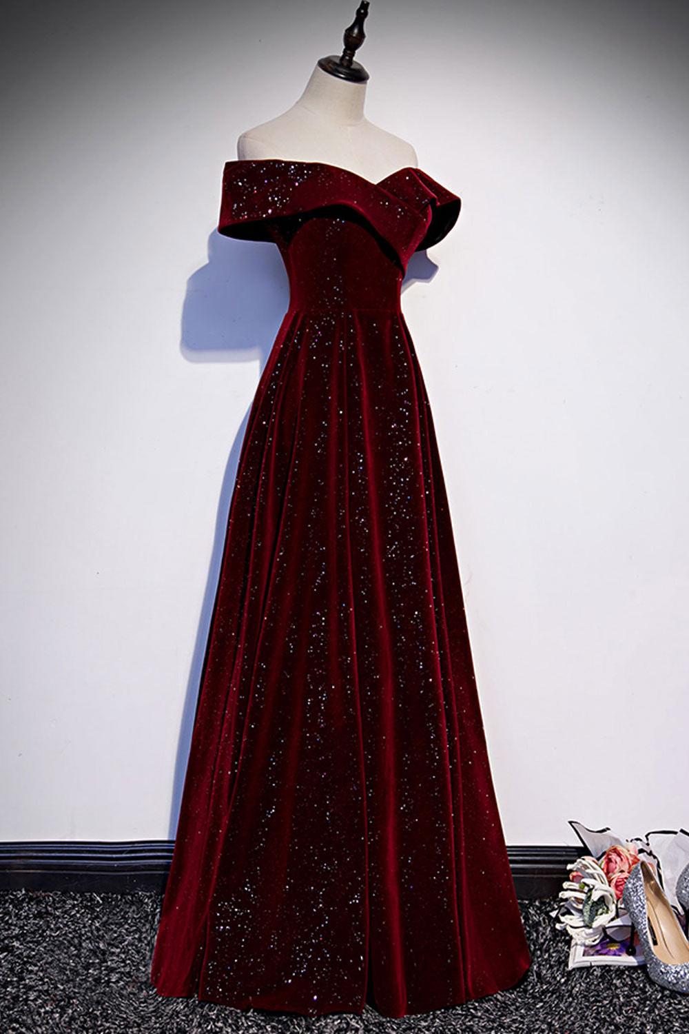 A Line Prom Dress Off the Shoulder V Neck Velvet Burgundy Long Formal Evening Dress
