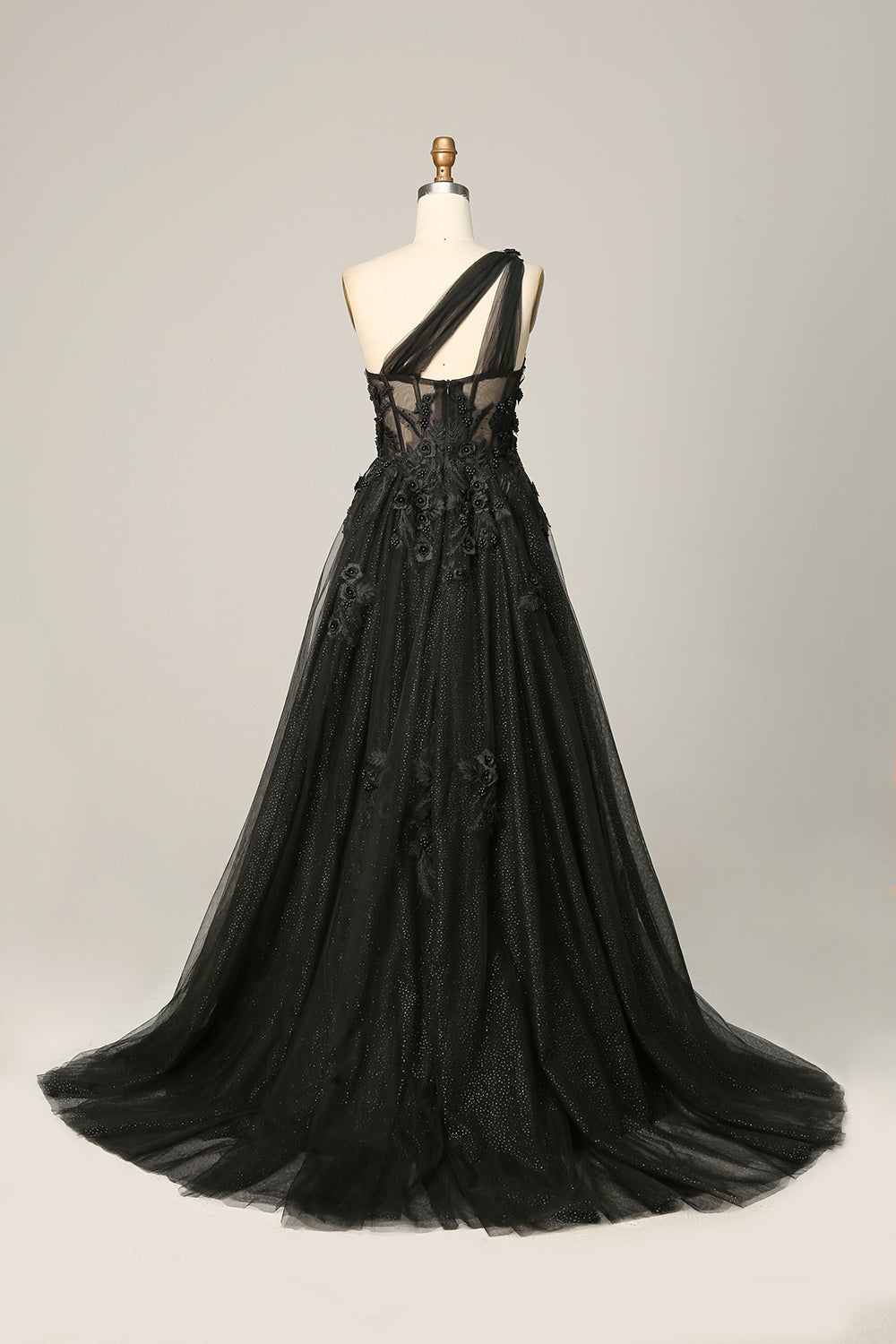 A Line Prom Dress One Shoulder Black Long Evening Dress with Appliques