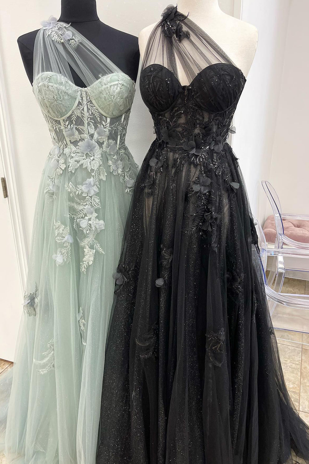A Line Prom Dress One Shoulder Black Long Evening Dress with Appliques