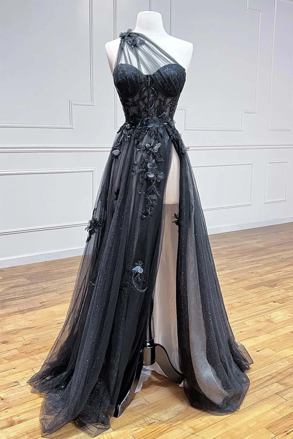 Elegant Black Evening Dress with Sheer Straps Beading and Slit