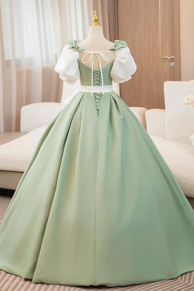A Line Prom Dress Puff SleevSatin Green Long Sweet 16 Dress Evening Dress