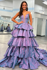 A Line Prom Dress Purple Long Tiered Evening Dress
