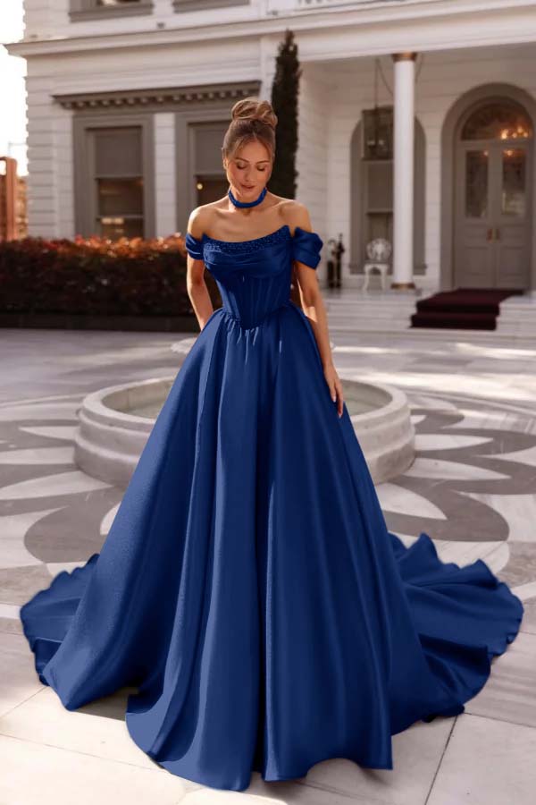 A Line Prom Dress Satin Off the Shoulder Evening Dress