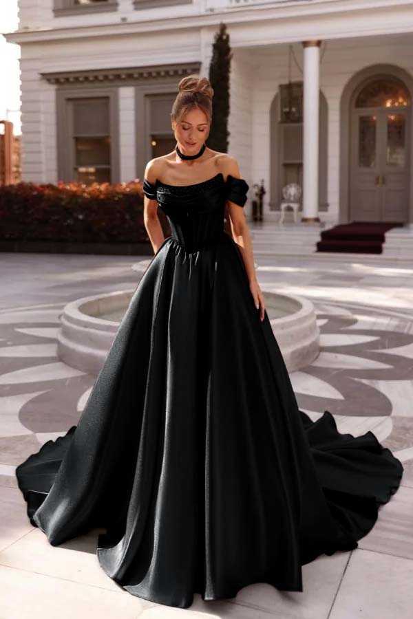 A Line Prom Dress Satin Off the Shoulder Evening Dress