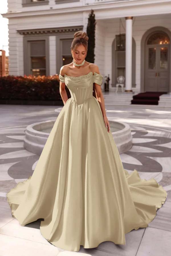 A Line Prom Dress Satin Off the Shoulder Evening Dress
