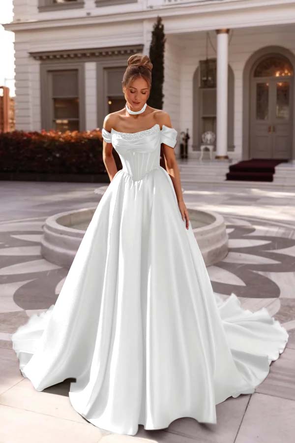 A Line Prom Dress Satin Off the Shoulder Evening Dress