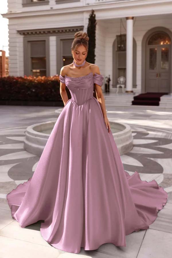 A Line Prom Dress Satin Off the Shoulder Evening Dress