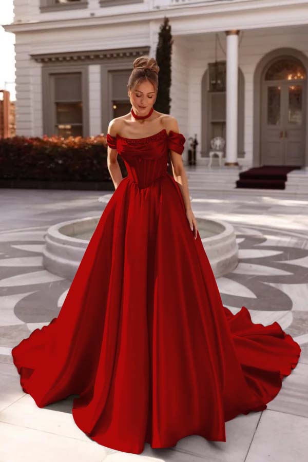 A Line Prom Dress Satin Off the Shoulder Evening Dress