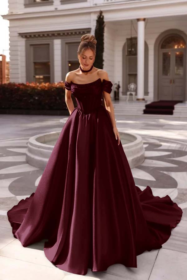A Line Prom Dress Satin Off the Shoulder Evening Dress