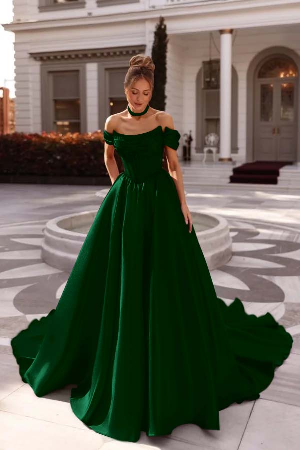 A Line Prom Dress Satin Off the Shoulder Evening Dress
