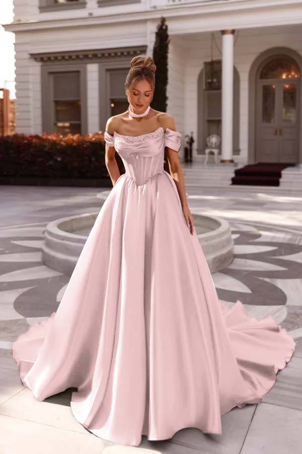 A Line Prom Dress Satin Off the Shoulder Evening Dress
