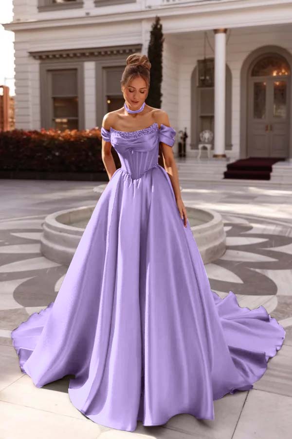 A Line Prom Dress Satin Off the Shoulder Evening Dress