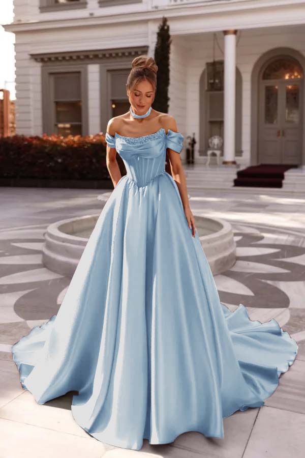 A Line Prom Dress Satin Off the Shoulder Evening Dress