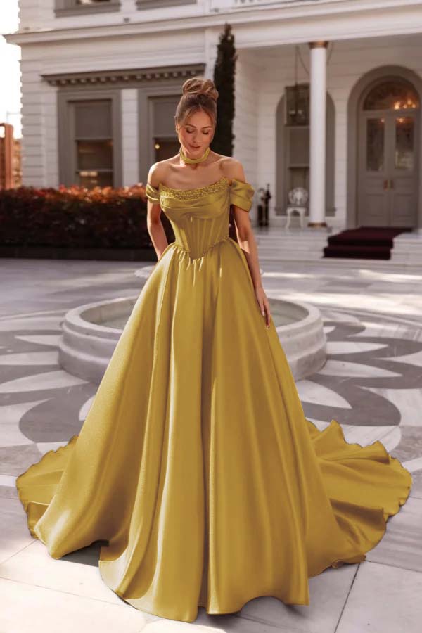 A Line Prom Dress Satin Off the Shoulder Evening Dress