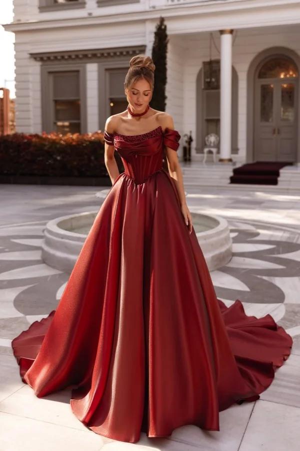 A Line Prom Dress Satin Off the Shoulder Evening Dress