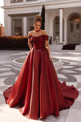 A Line Prom Dress Satin Off the Shoulder Evening Dress