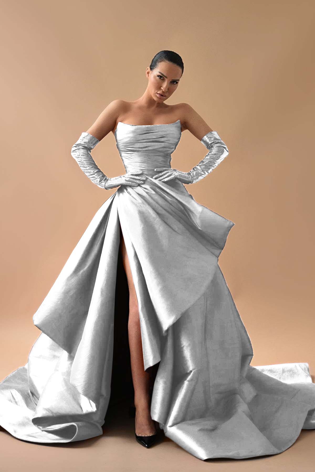 A Line Prom Dress Sleeveless Satin Strapless Evening Dress