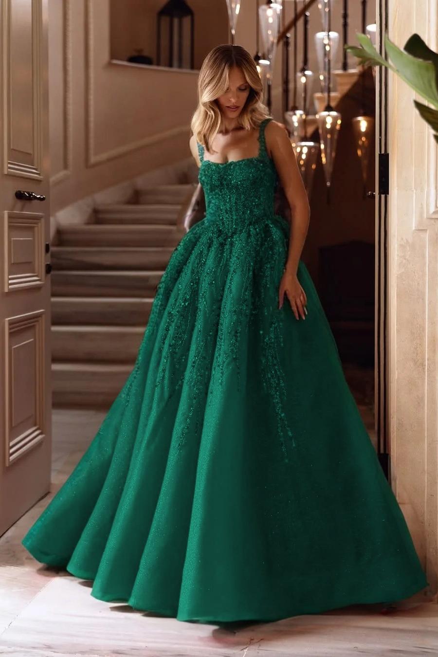 A Line Prom Dress Sleeveless Square Neck Evening Dress With Lace Appliques