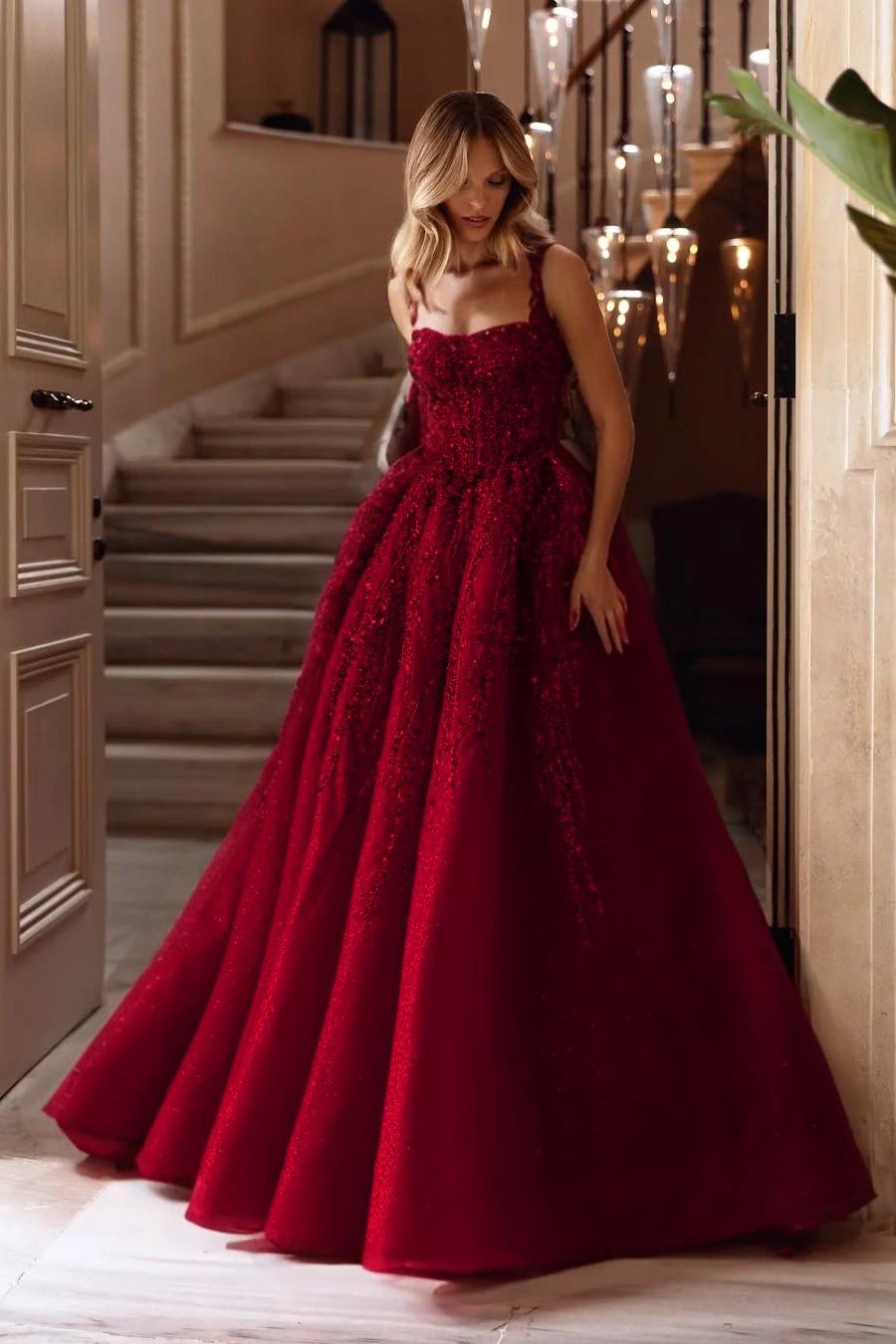 A Line Prom Dress Sleeveless Square Neck Evening Dress With Lace Appliques
