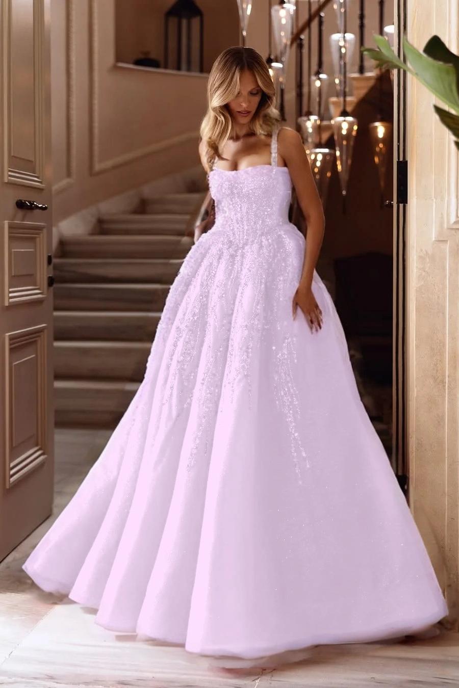 A Line Prom Dress Sleeveless Square Neck Evening Dress With Lace Appliques