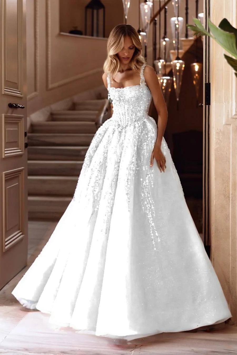 A Line Prom Dress Sleeveless Square Neck Evening Dress With Lace Appliques