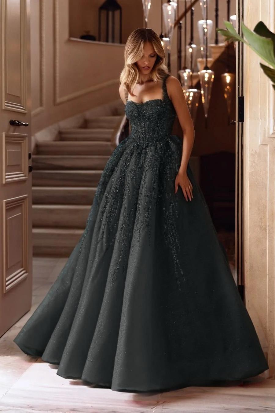 A Line Prom Dress Sleeveless Square Neck Evening Dress With Lace Appliques