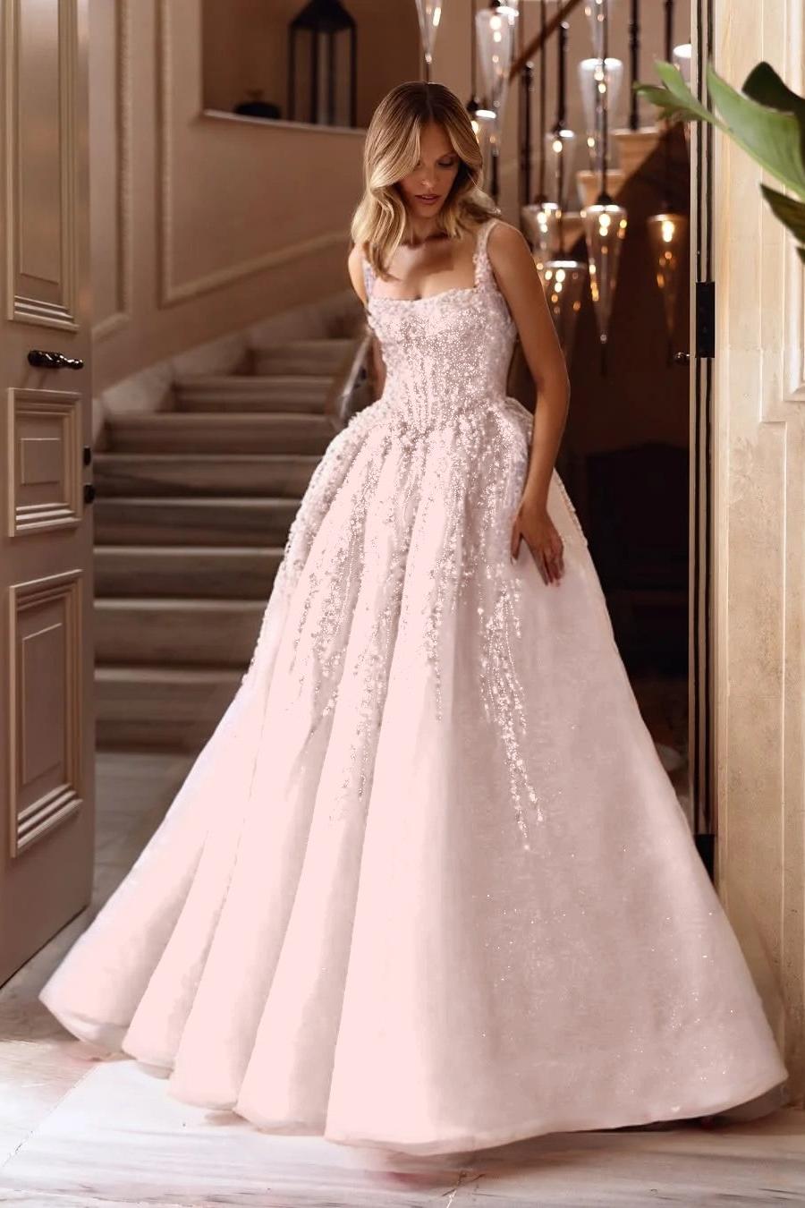 A Line Prom Dress Sleeveless Square Neck Evening Dress With Lace Appliques