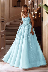 A Line Prom Dress Sleeveless Square Neck Evening Dress With Lace Appliques