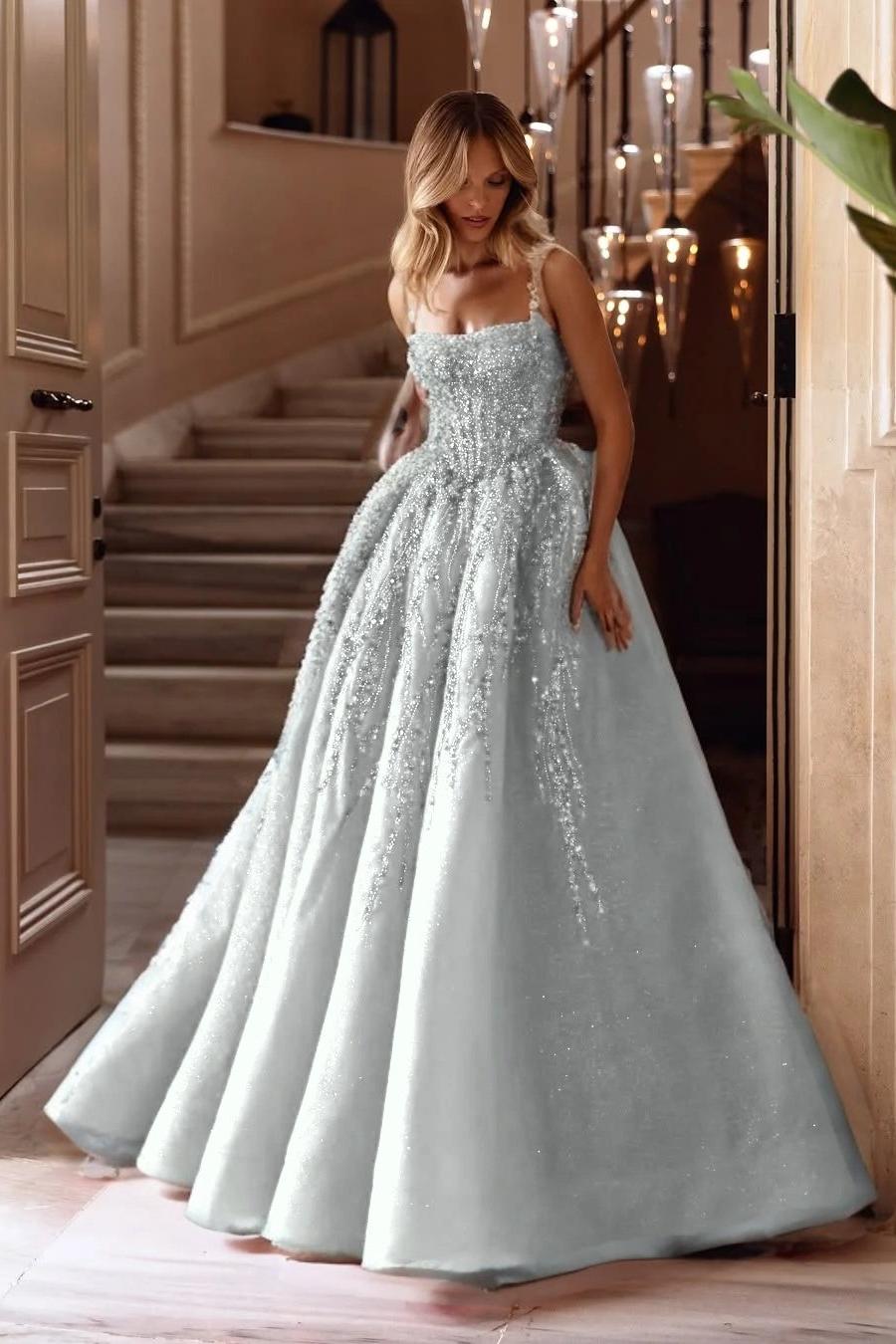 A Line Prom Dress Sleeveless Square Neck Evening Dress With Lace Appliques