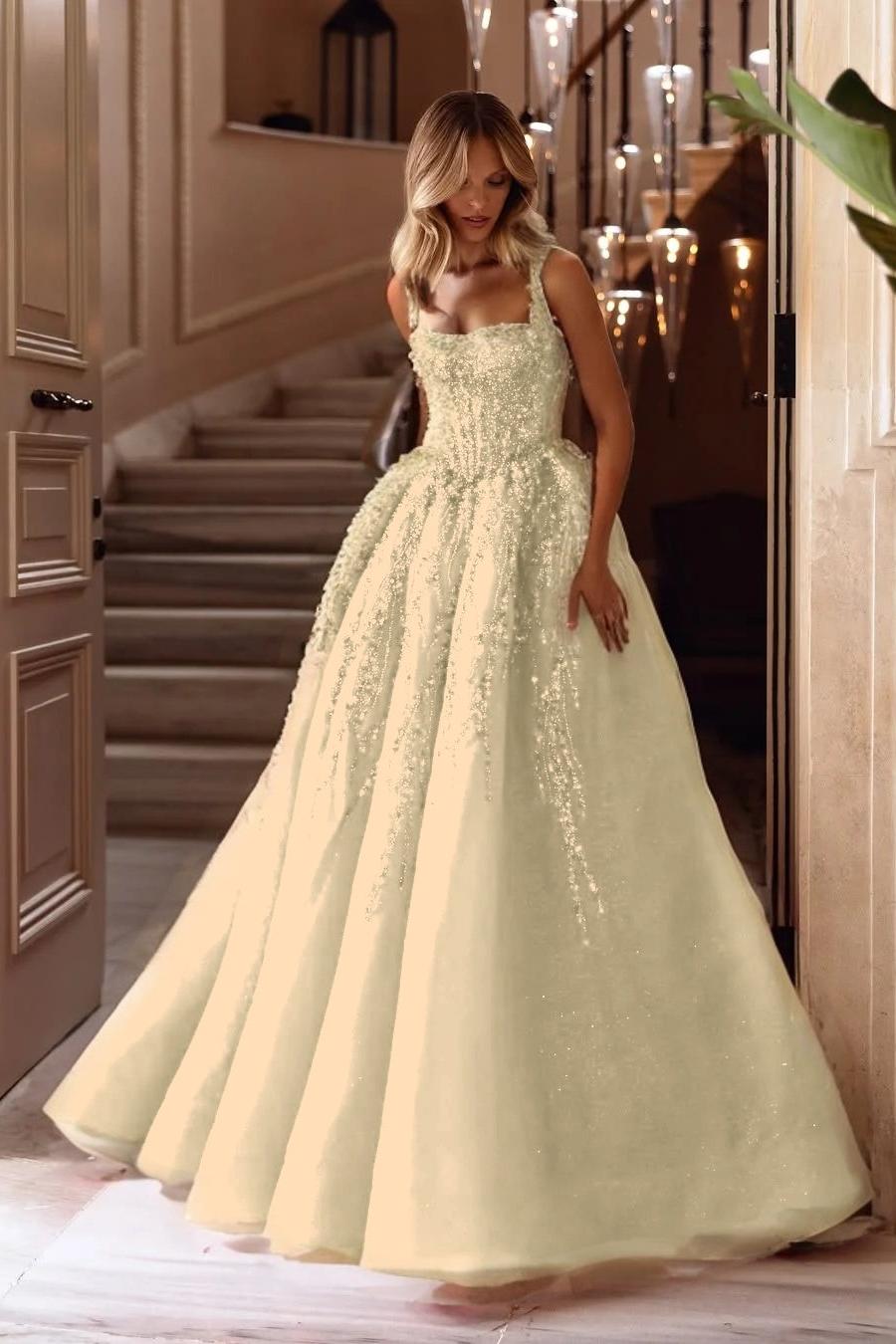 A Line Prom Dress Sleeveless Square Neck Evening Dress With Lace Appliques