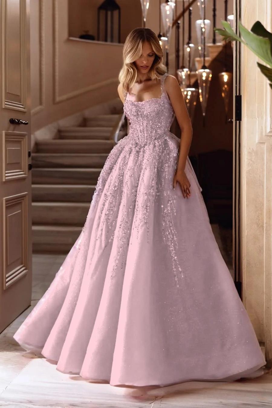 A Line Prom Dress Sleeveless Square Neck Evening Dress With Lace Appliques