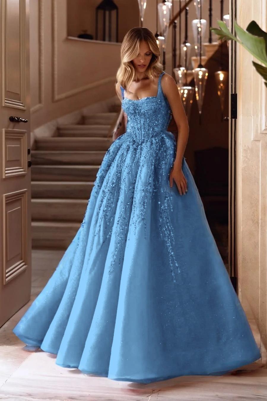 A Line Prom Dress Sleeveless Square Neck Evening Dress With Lace Appliques