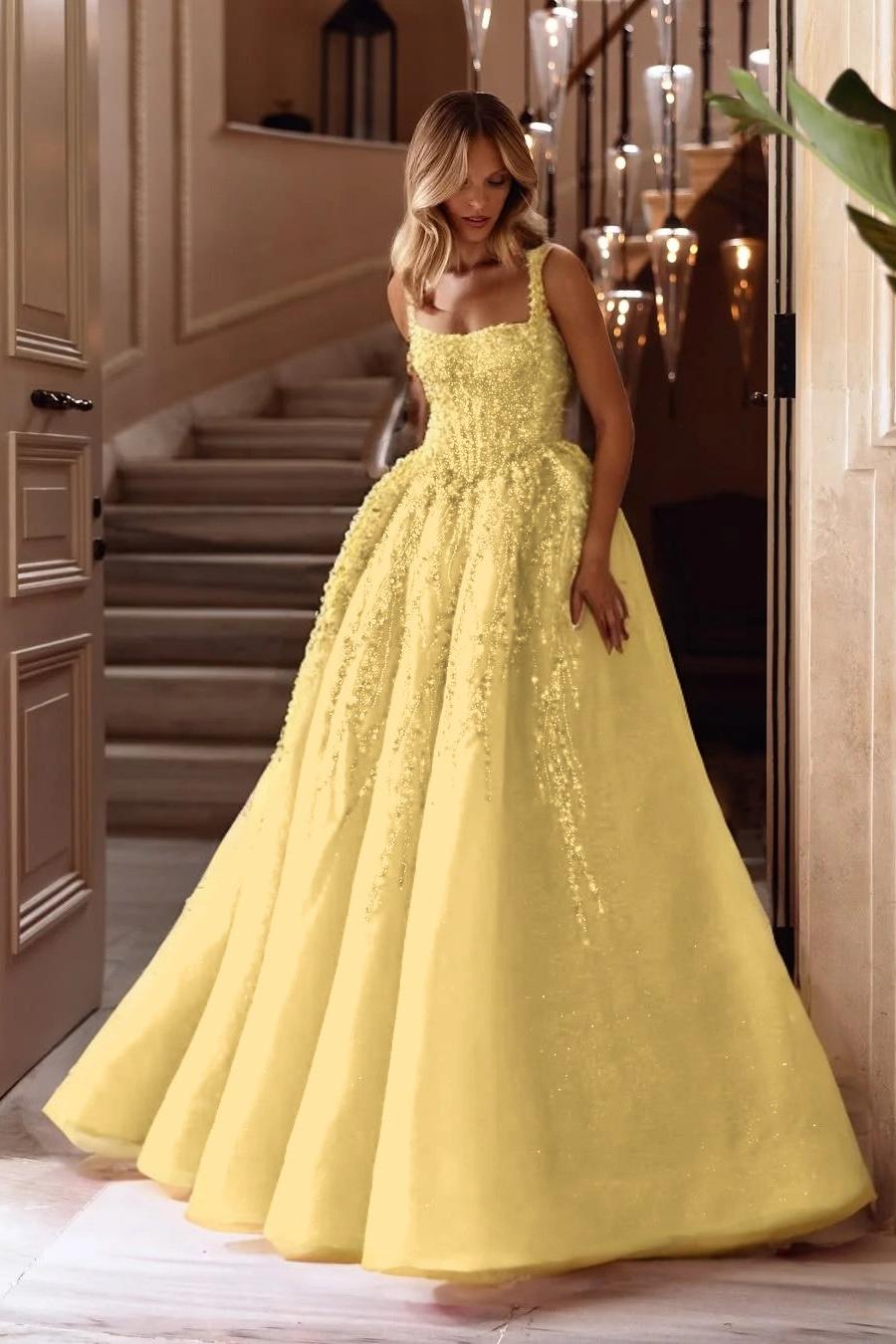 A Line Prom Dress Sleeveless Square Neck Evening Dress With Lace Appliques