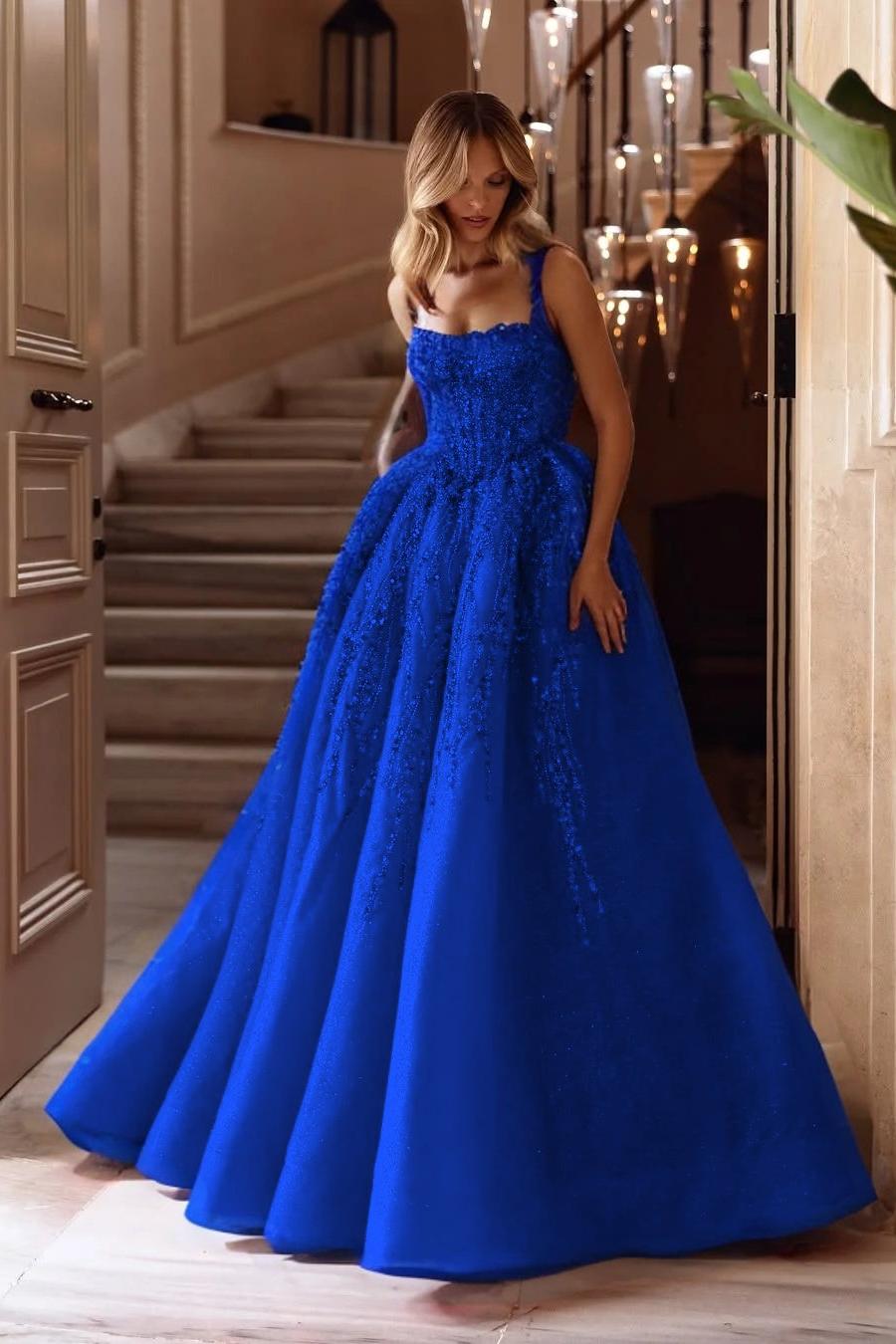 A Line Prom Dress Sleeveless Square Neck Evening Dress With Lace Appliques