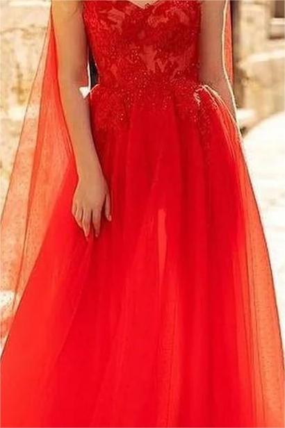 A Line Prom Dress Sleeveless Straps Evening Dress With Lace Appliques