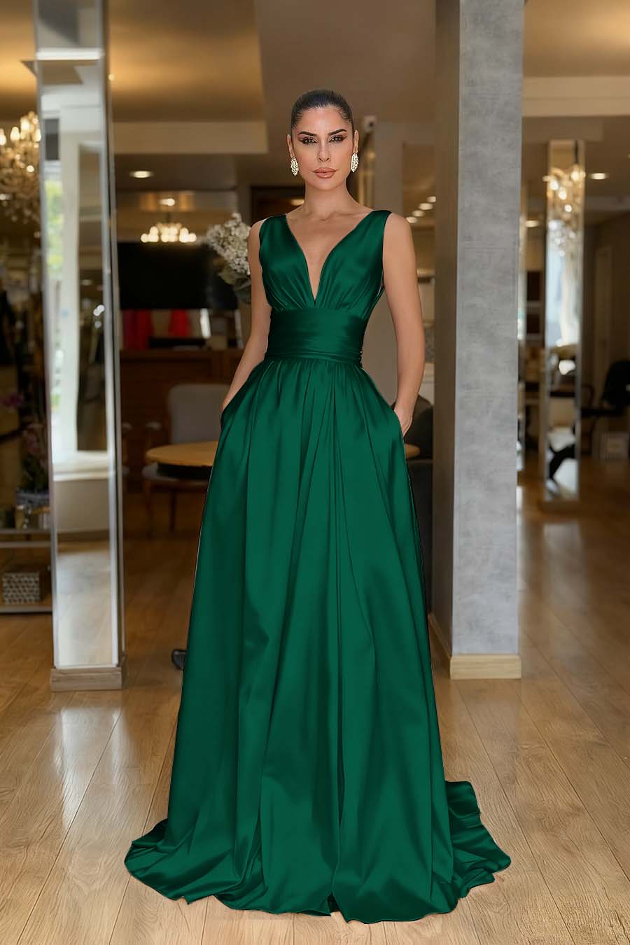 A Line Prom Dress Sleeveless V Neck Satin Evening Dress