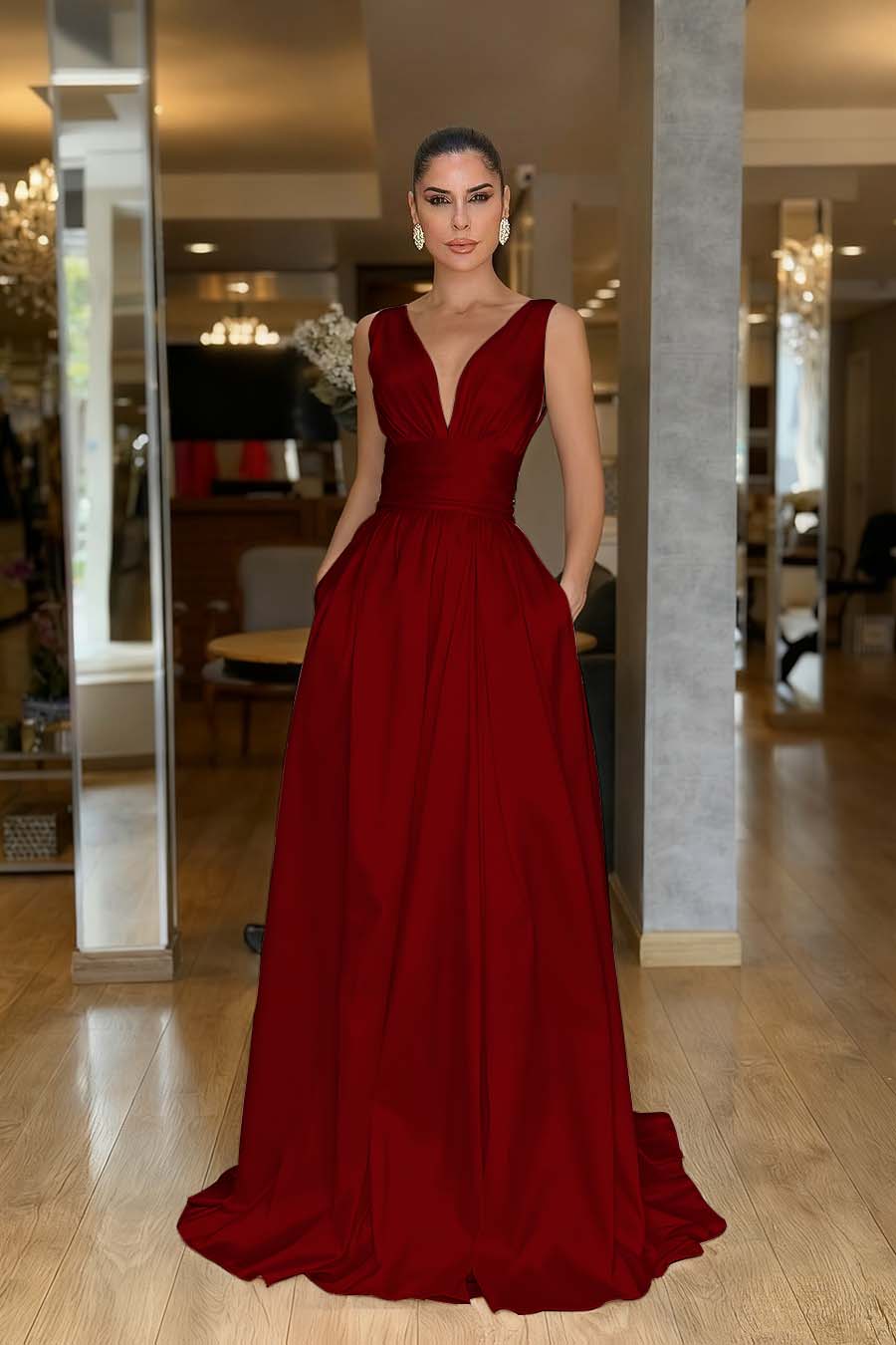 A Line Prom Dress Sleeveless V Neck Satin Evening Dress