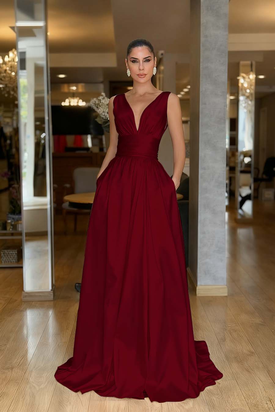 A Line Prom Dress Sleeveless V Neck Satin Evening Dress