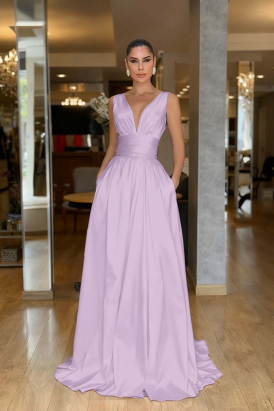 A Line Prom Dress Sleeveless V Neck Satin Evening Dress