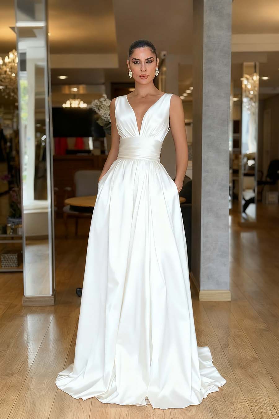 A Line Prom Dress Sleeveless V Neck Satin Evening Dress