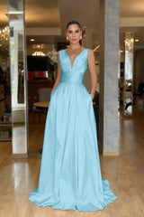 A Line Prom Dress Sleeveless V Neck Satin Evening Dress