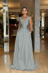 A Line Prom Dress Sleeveless V Neck Satin Evening Dress