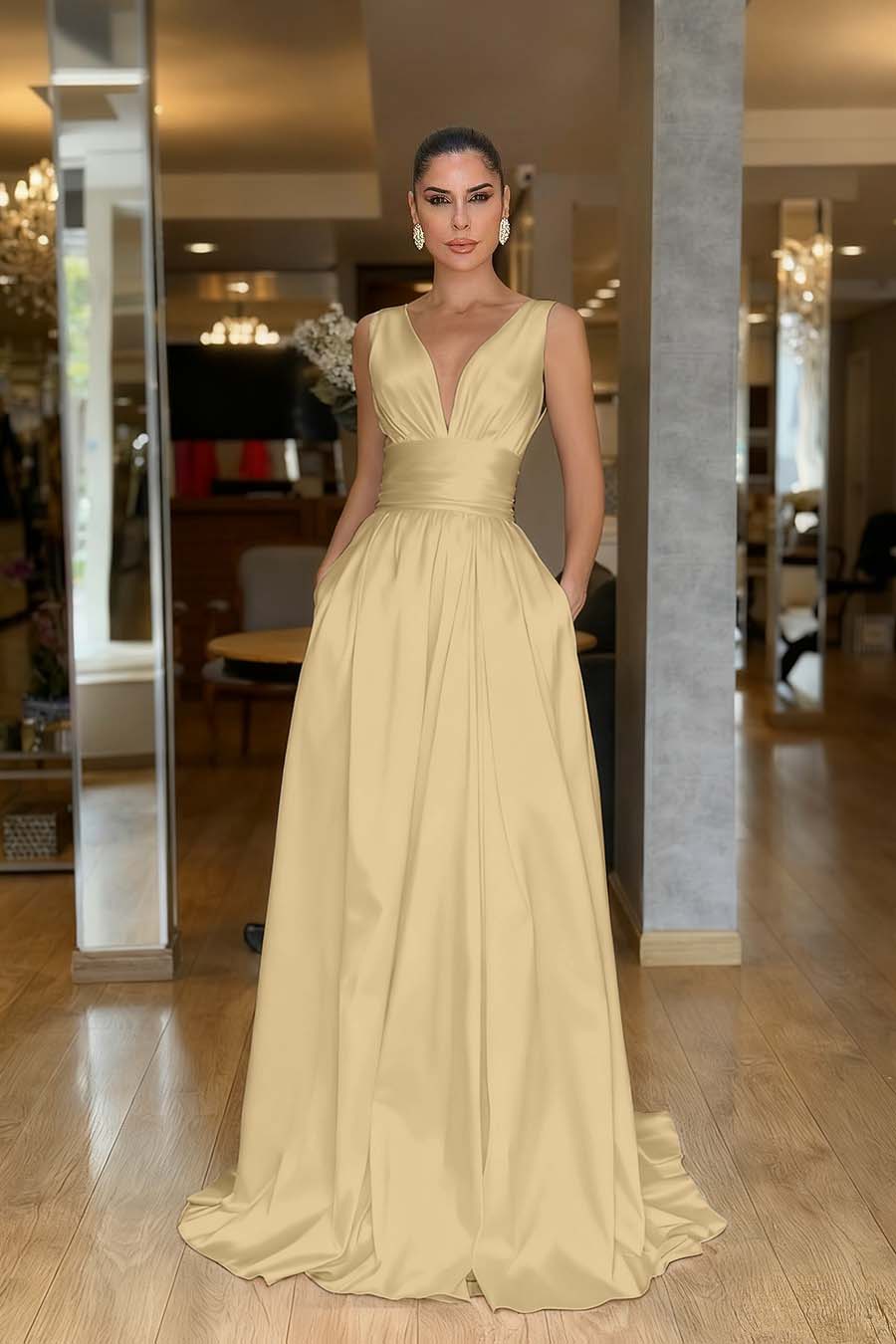 A Line Prom Dress Sleeveless V Neck Satin Evening Dress