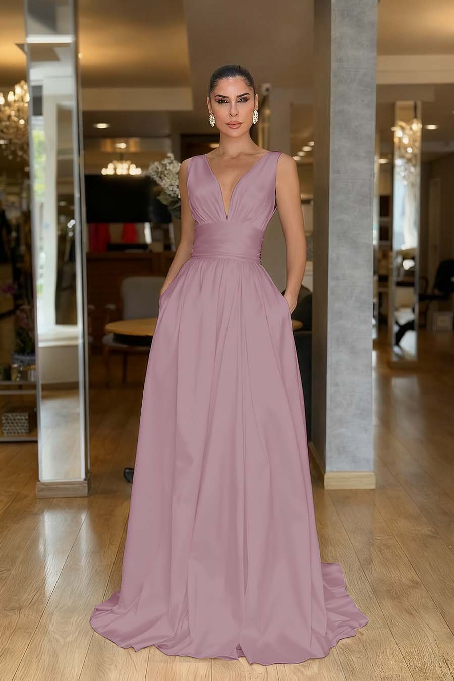 A Line Prom Dress Sleeveless V Neck Satin Evening Dress