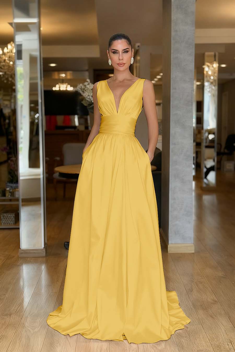 A Line Prom Dress Sleeveless V Neck Satin Evening Dress